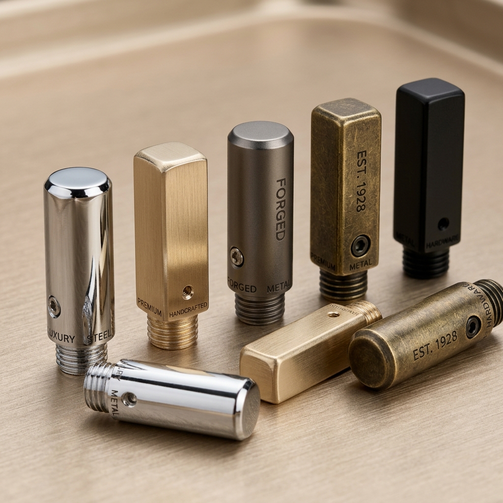 Footwear metal components shown in several illustrative finish styles