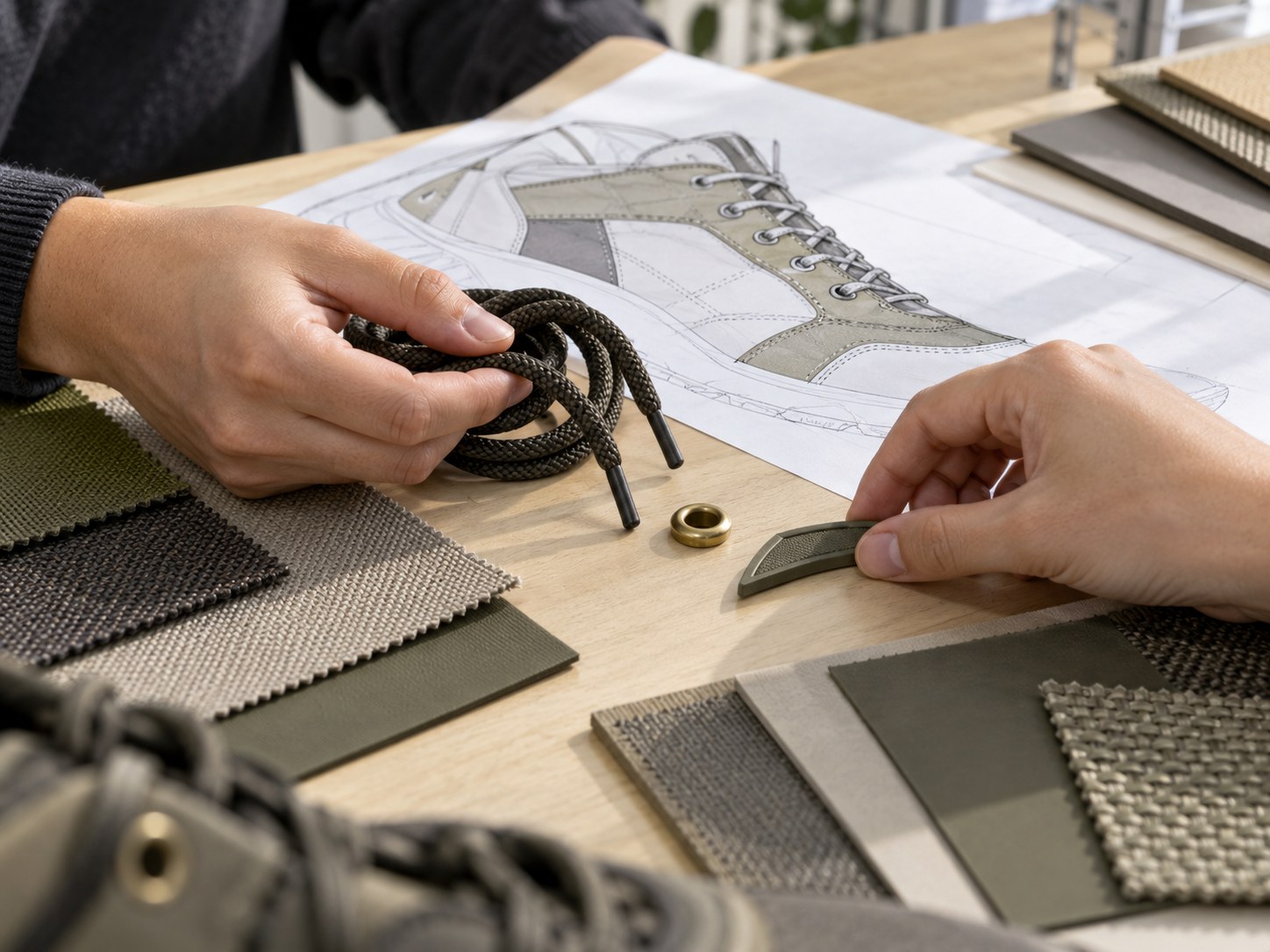 Footwear trim developer reviewing a lace and shoe drawing