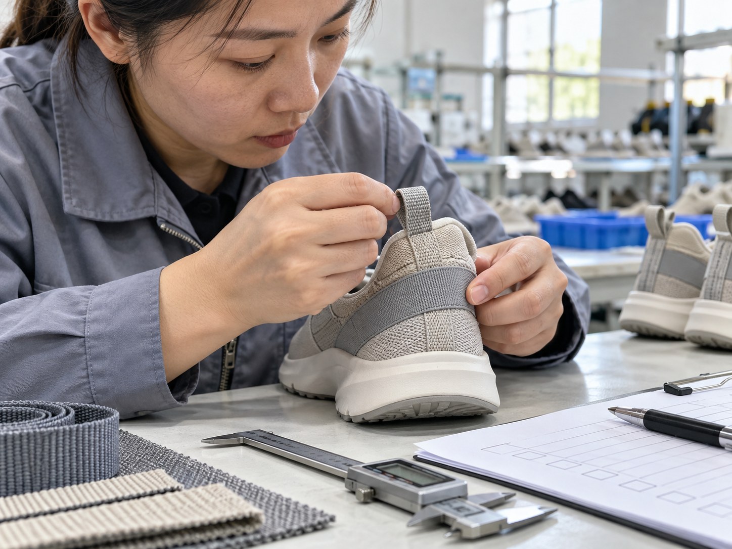 Footwear production worker checking a shoe trim and fit