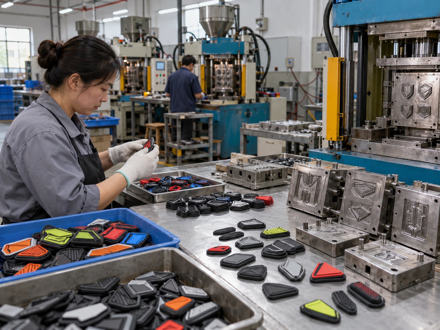 Illustrative TPU molding workshop producing footwear branding trims